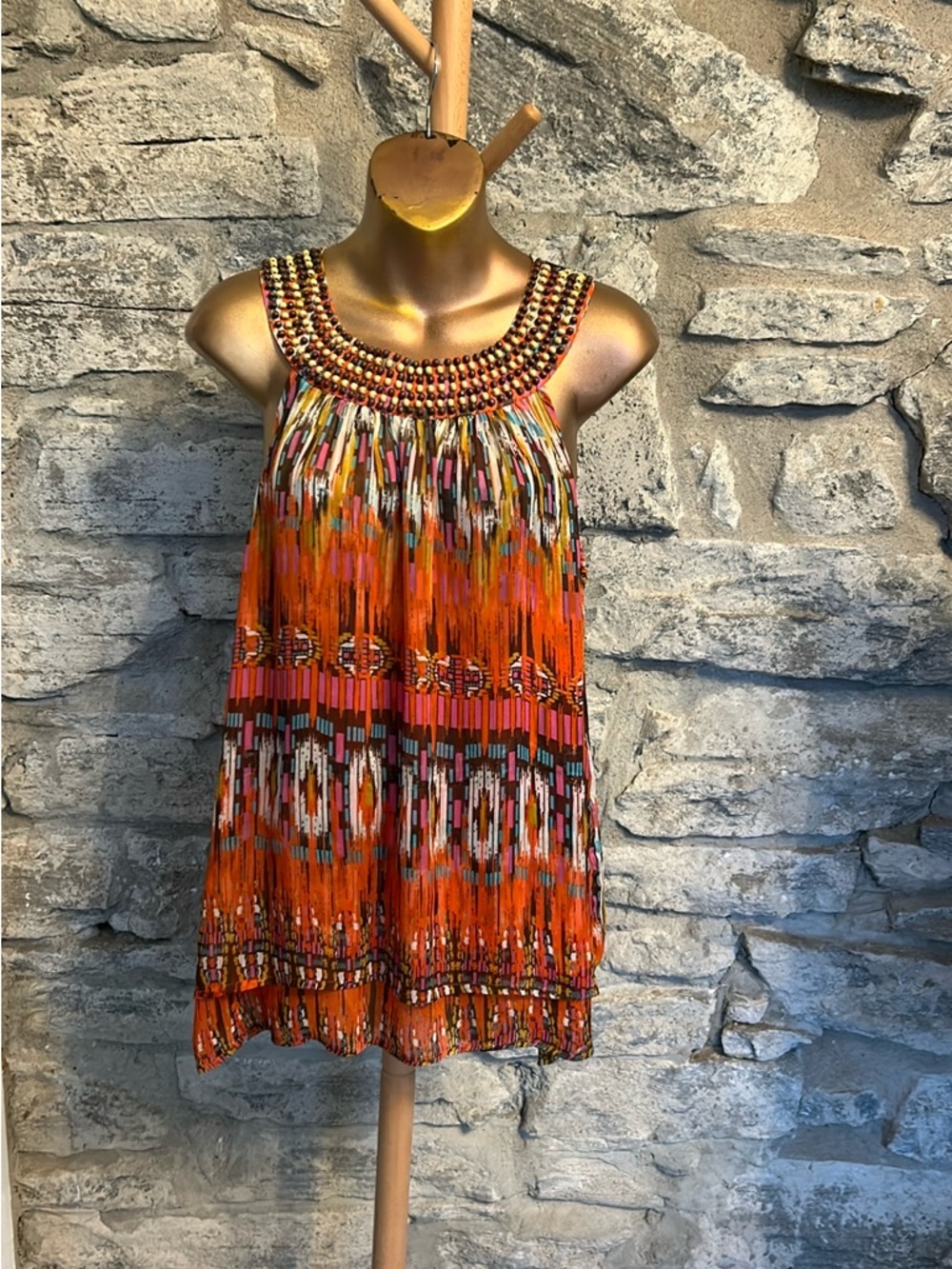 Beaded Neck Multicolor Printed Sleeveless Top